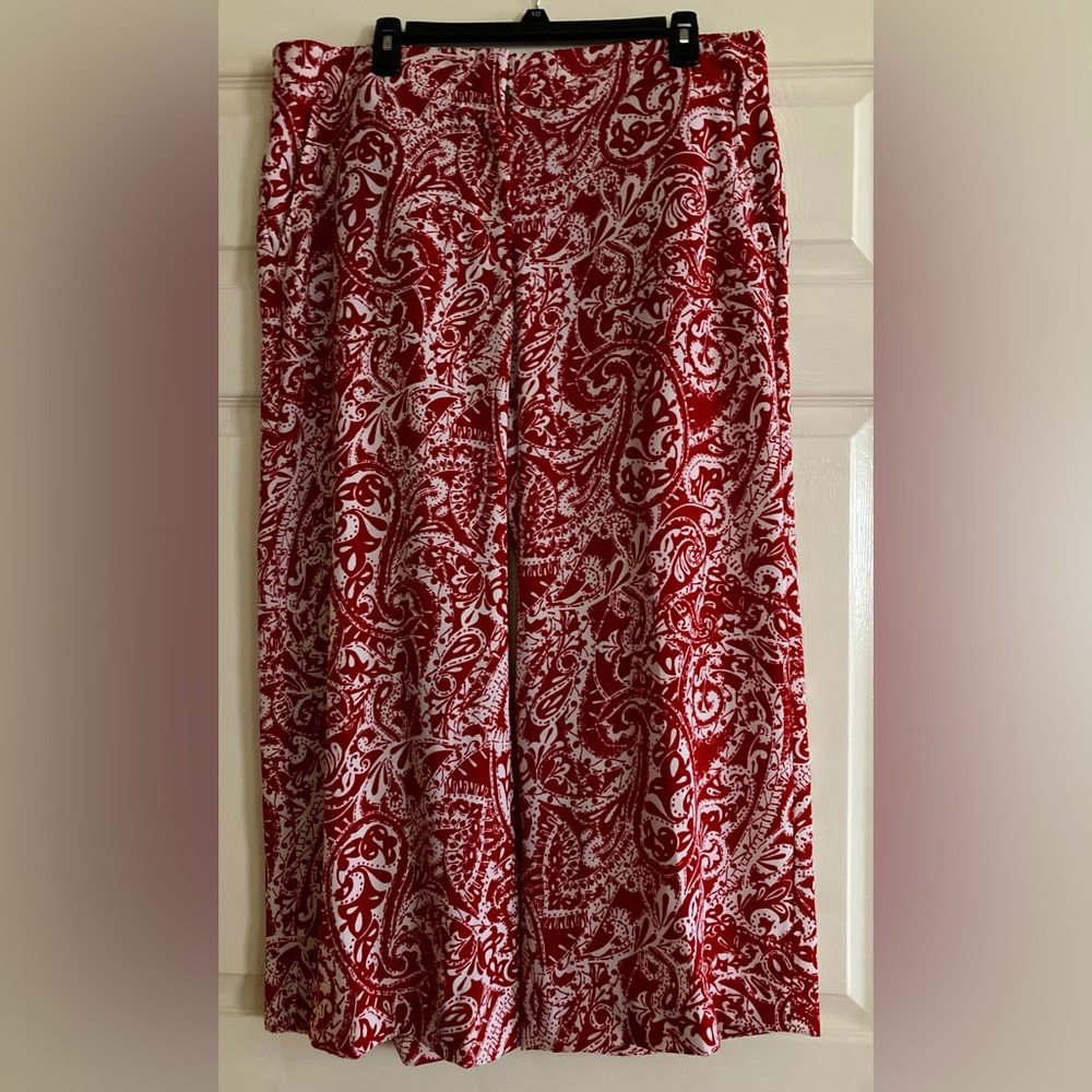 Ladies Loft wide leg cropped pants in vibrant red and white paisley design